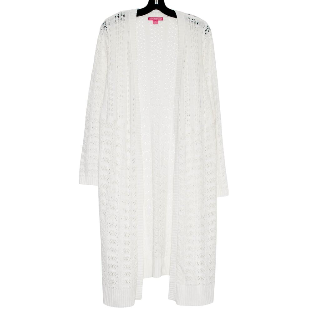 White‎ Open Knit Duster Cardigan Sweater Longline Beach Cover Up Boho M 14/16